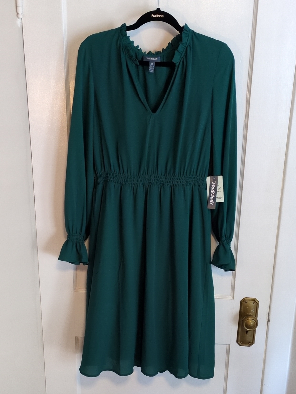 ModCloth Teal Green Ruffle-Neck Long Sleeve Dress